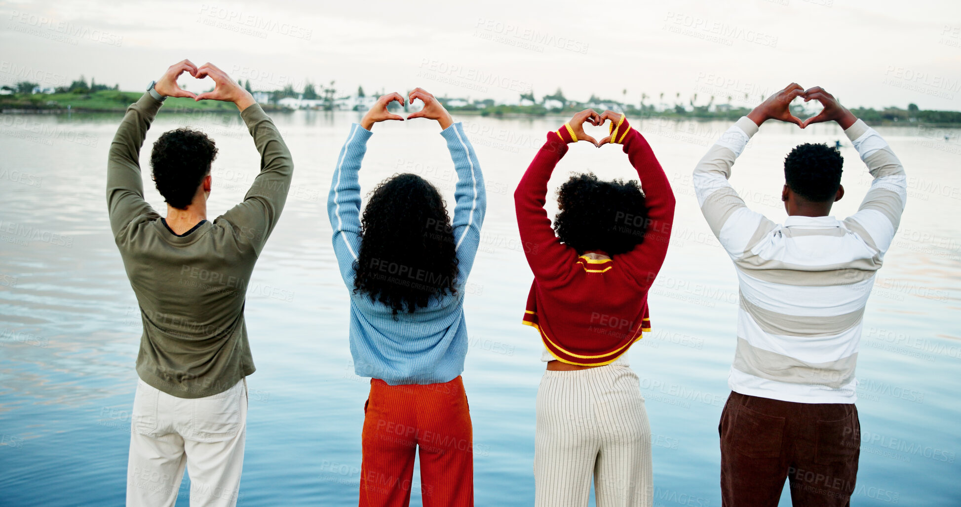 Buy stock photo People, back view and water with heart hands together for unity, solidarity or equality in nature. Diversity, group or community with like emoji, shape or romantic gesture at lake, pond or river