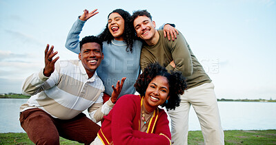 Buy stock photo Smile, portrait of group of friends outdoor for holiday, weekend trip or getaway together. People, connection and students with happiness by lake for travel, vacation or adventure for bonding.