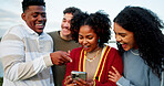 Phone, friends and people laugh outdoor for meme, joke and reading text message on internet. Mobile, happy group and funny video on social media for comedy, humor or students with comic gif on app