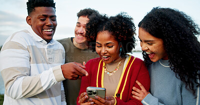Buy stock photo Phone, friends and people laugh outdoor for meme, joke and reading text message on internet. Mobile, happy group and funny video on social media for comedy, humor or students with comic gif on app