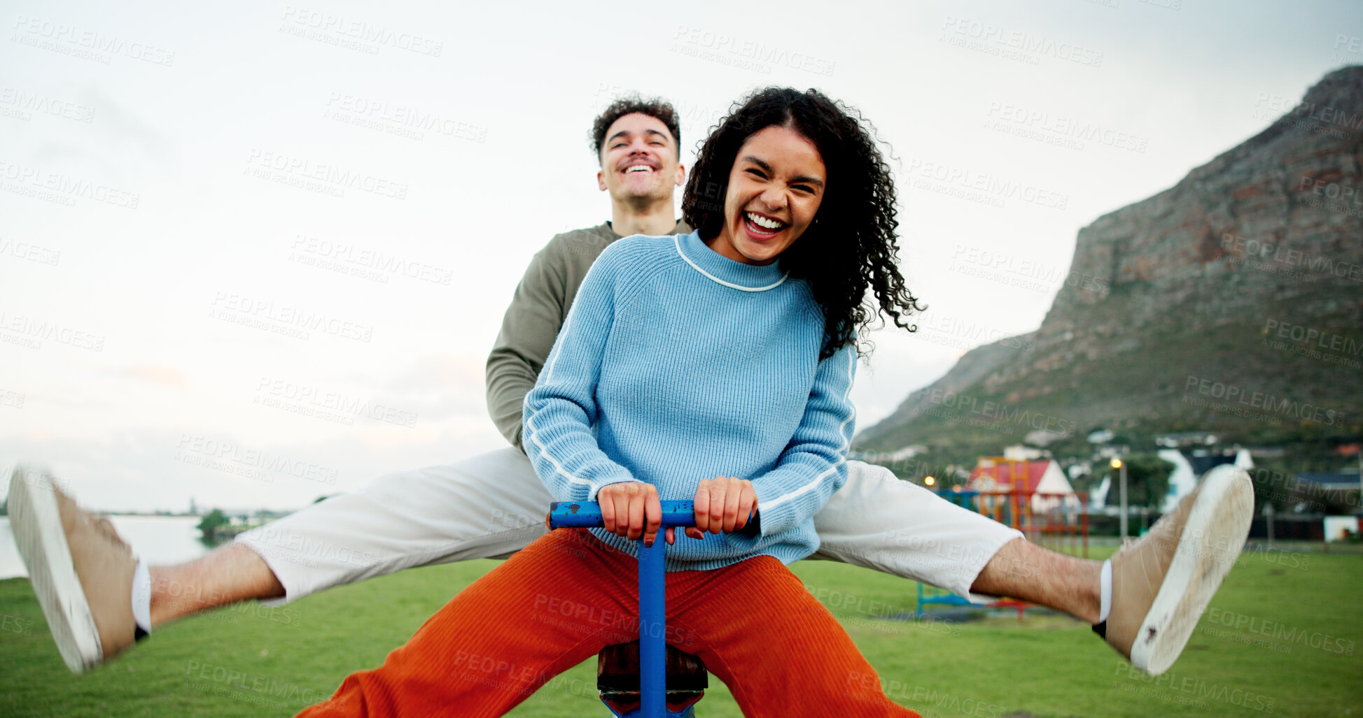 Buy stock photo Happy, see saw and couple in park laugh for playful relationship, weekend and fun together. Love, playground and portrait of woman and man outdoor for bonding, romance and date activity in nature