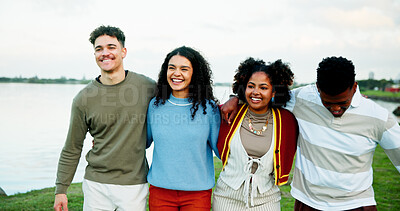 Buy stock photo Walking, smile and friends outdoor by lake on vacation, getaway or weekend trip together. Talking, bonding and group of young people in nature for reunion, gathering or catch up on holiday travel.