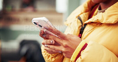 Buy stock photo Hands, food truck and woman with phone outdoor on social media, internet and website on weekend. Customer review, typing and person with chat on smartphone by mobile cafe, restaurant and vendor