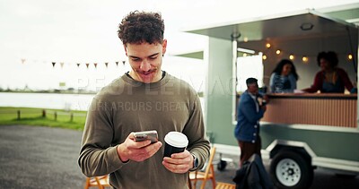 Buy stock photo Coffee, food truck and man with phone in city on social media, internet and website on weekend. Customer review, typing and person with drink on smartphone by mobile cafe, restaurant and vendor