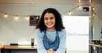 Woman, happy and waitress with portrait in food truck for friendly service, about us and welcome. Mobile small business, cafe vendor and server with smile for startup, hospitality or waiting on order