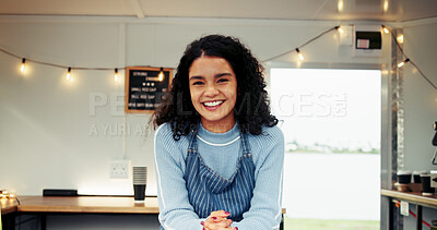 Buy stock photo Woman, happy and waitress with portrait in food truck for friendly service, about us and welcome. Mobile small business, cafe vendor and server with smile for startup, hospitality or waiting on order