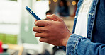 Food truck, hands and phone with typing outdoor for menu option, reading cafe site and web rating. Scroll, man and smartphone at mobile coffee shop for customer experience, online order and research