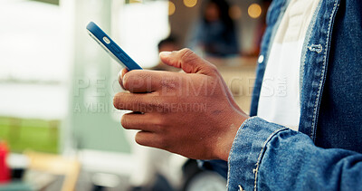 Buy stock photo Food truck, hands and phone with typing outdoor for menu option, reading cafe site and web rating. Scroll, man and smartphone at mobile coffee shop for customer experience, online order and research