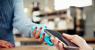 Buy stock photo Food truck, hands and machine payment with phone for tap transaction, POS or cashless checkout. Mobile small business, waitress and people with smartphone scan for online banking and contactless sale