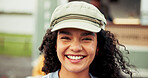 Happy, food truck and portrait of woman outdoor for local market on holiday, weekend and vacation. Customer experience, travel and person smile by mobile cafe, restaurant and vendor for cuisine