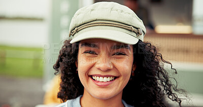 Buy stock photo Happy, food truck and portrait of woman outdoor for local market on holiday, weekend and vacation. Customer experience, travel and person smile by mobile cafe, restaurant and vendor for cuisine