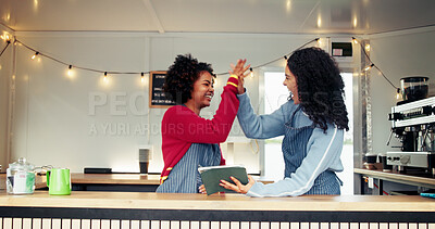 Buy stock photo Tablet, high five and women in food truck outdoor for online orders, customer review and celebrate. Restaurant, mobile cafe and happy waitress team on digital tech for bistro ratings, sale or success