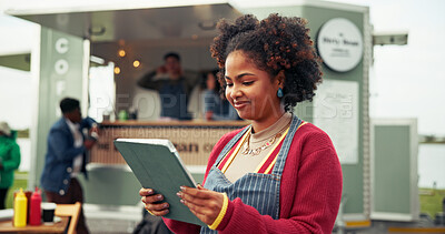 Buy stock photo Tablet, food truck and woman outdoor for online menu, customer order and product inventory. Restaurant, mobile cafe and happy waitress on digital tech for bistro website, internet and price list