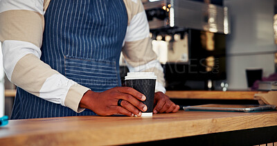 Buy stock photo Food truck, entrepreneur and hands with coffee, startup or waiter with apron, hospitality or retail. Cafe, person and barista with hot beverage for order, small business and serving caffeine in shop