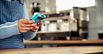 Small business, food truck and hands with machine for payment, retail and employee with card reader. Startup, waiter and person with tech for purchase, services and digital sale in store or online