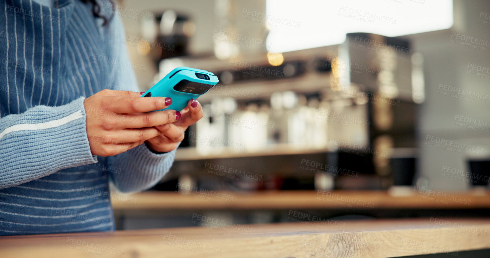 Buy stock photo Small business, food truck and hands with machine for payment, retail and employee with card reader. Startup, waiter and person with tech for purchase, services and digital sale in store or online