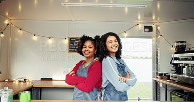 Buy stock photo Portrait, women and team in food truck with confidence for startup, small business and service. Happy people, partner and barista with arms crossed in cafe trailer for support, collaboration or pride