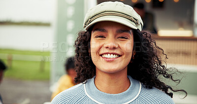 Buy stock photo Happy, food truck and portrait of girl outdoor for local market on holiday, weekend and vacation. Customer experience, travel and woman smile by mobile cafe, restaurant and vendor for coffee break