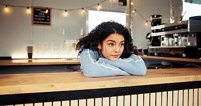 Buy stock photo Fail, thinking and waiting with woman in food truck for service or small business startup regret. Bored, mistake and recession with frustrated entrepreneur in van for inflation crisis or no sales