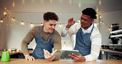 Buy stock photo Tablet, team and men in food truck outdoor for online orders, customer review and celebrate sales. Restaurant, mobile cafe and happy waiters on digital tech for bistro ratings, website and success