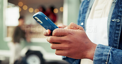 Buy stock photo Food truck, hands and phone with person typing for menu search, reading cafe review and web rating. Outdoor, man and smartphone at mobile coffee shop for customer experience, online order or browsing