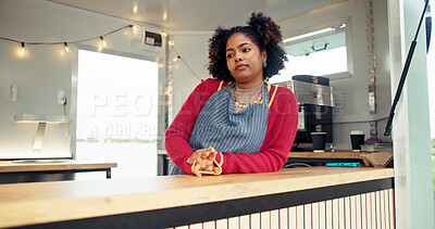 Buy stock photo Bored, thinking and waiting with woman in food truck for service or small business startup regret. Fail, mistake and recession with frustrated entrepreneur in van for inflation crisis or no sales