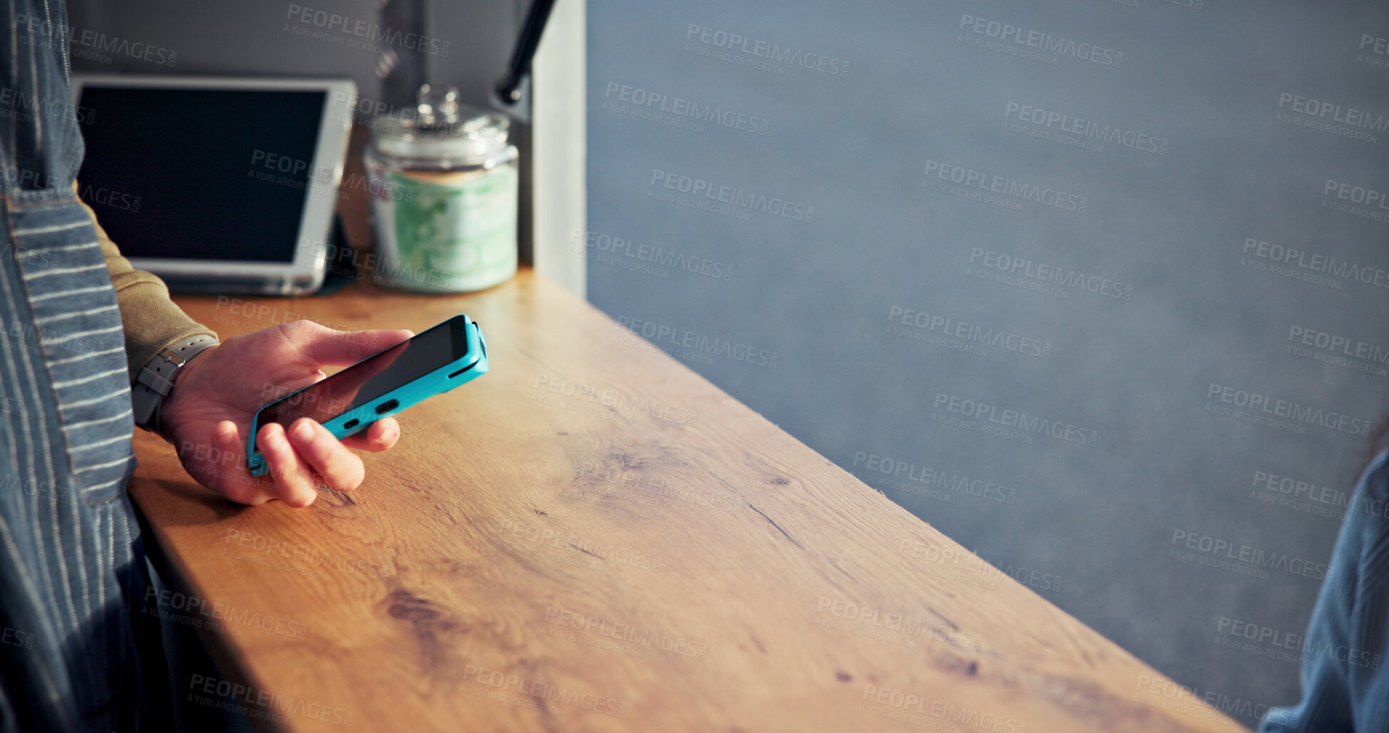 Buy stock photo Retail, food truck and hands with machine for payment, small business and employee with card reader. Startup, waiter and person with tech for purchase, services and digital sale in store or online