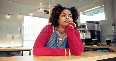 Buy stock photo Thinking, tired and waiting with woman in food truck for service or small business startup regret. Bored, fail and recession with frustrated entrepreneur in van for inflation crisis or no sales