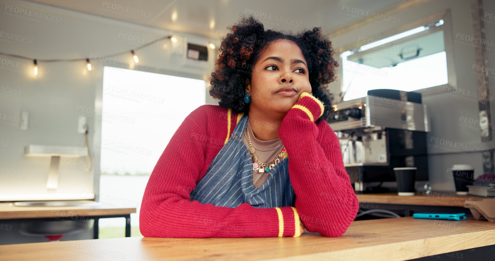 Buy stock photo Thinking, tired and waiting with woman in food truck for service or small business startup regret. Bored, fail and recession with frustrated entrepreneur in van for inflation crisis or no sales