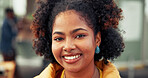 Happy, outdoor and portrait of woman at food truck for local experience on holiday, weekend trip or getaway. Smile, travel and female person by mobile cafe, restaurant or vendor for coffee break.
