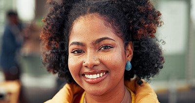 Buy stock photo Happy, outdoor and portrait of woman at food truck for local experience on holiday, weekend trip or getaway. Smile, travel and female person by mobile cafe, restaurant or vendor for coffee break.