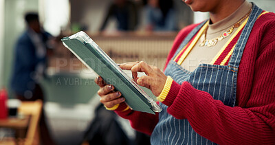 Buy stock photo Tablet, food truck and hands of woman outdoor for online menu, customer order and product inventory. Restaurant, mobile cafe and waitress on digital tech for bistro website, internet and price list