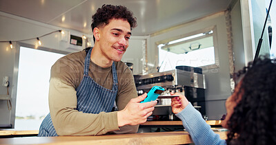 Buy stock photo Food truck, machine and customer payment with credit card for easy transaction, POS or tap purchase. Mobile small business, waiter and woman with digital scan for online banking and contactless sale
