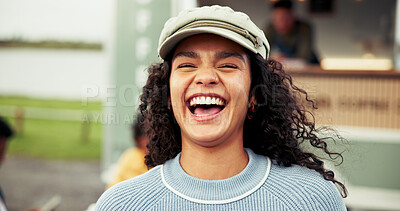 Buy stock photo Laugh, food truck and portrait of woman outdoor for local market on holiday, weekend and vacation. Customer experience, travel and happy person by mobile cafe, restaurant and vendor for cuisine