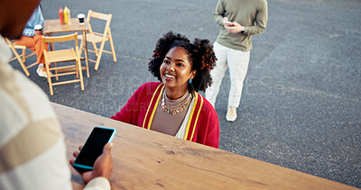 Buy stock photo Customer, food truck and hands with machine for payment, woman and card reader for digital purchase. Happy, consumer and people with tech for transaction, service and small business with app for sale