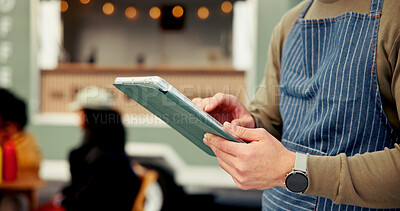 Buy stock photo Tablet, food truck and hands of man in city for online menu, customer order and product inventory. Restaurant, mobile cafe and waiter on digital tech for bistro website, internet and price list