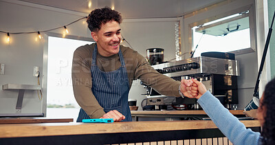 Buy stock photo Fist bump, sale and smile with man in food truck for service or small business startup success. Commercial, customer and retail with happy vendor in van for coffee purchase, greeting or payment