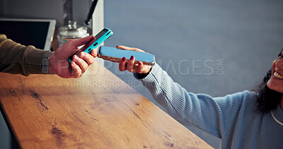 Buy stock photo Food truck, machine and woman with phone payment for NFC transaction, POS or discount purchase. Mobile small business, server and customer with scan for online banking, contactless sale and checkout
