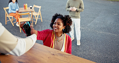 Buy stock photo Food truck, machine and woman with credit card payment for easy transaction, POS or discount deal. Mobile small business, above and cashier with digital scan for contactless sale and customer service