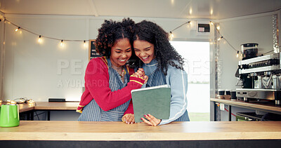 Buy stock photo Tablet, team and women in food truck outdoor for online menu, customer orders and celebrate sales. Restaurant, mobile cafe and happy waitress on digital tech for bistro ratings, website and success