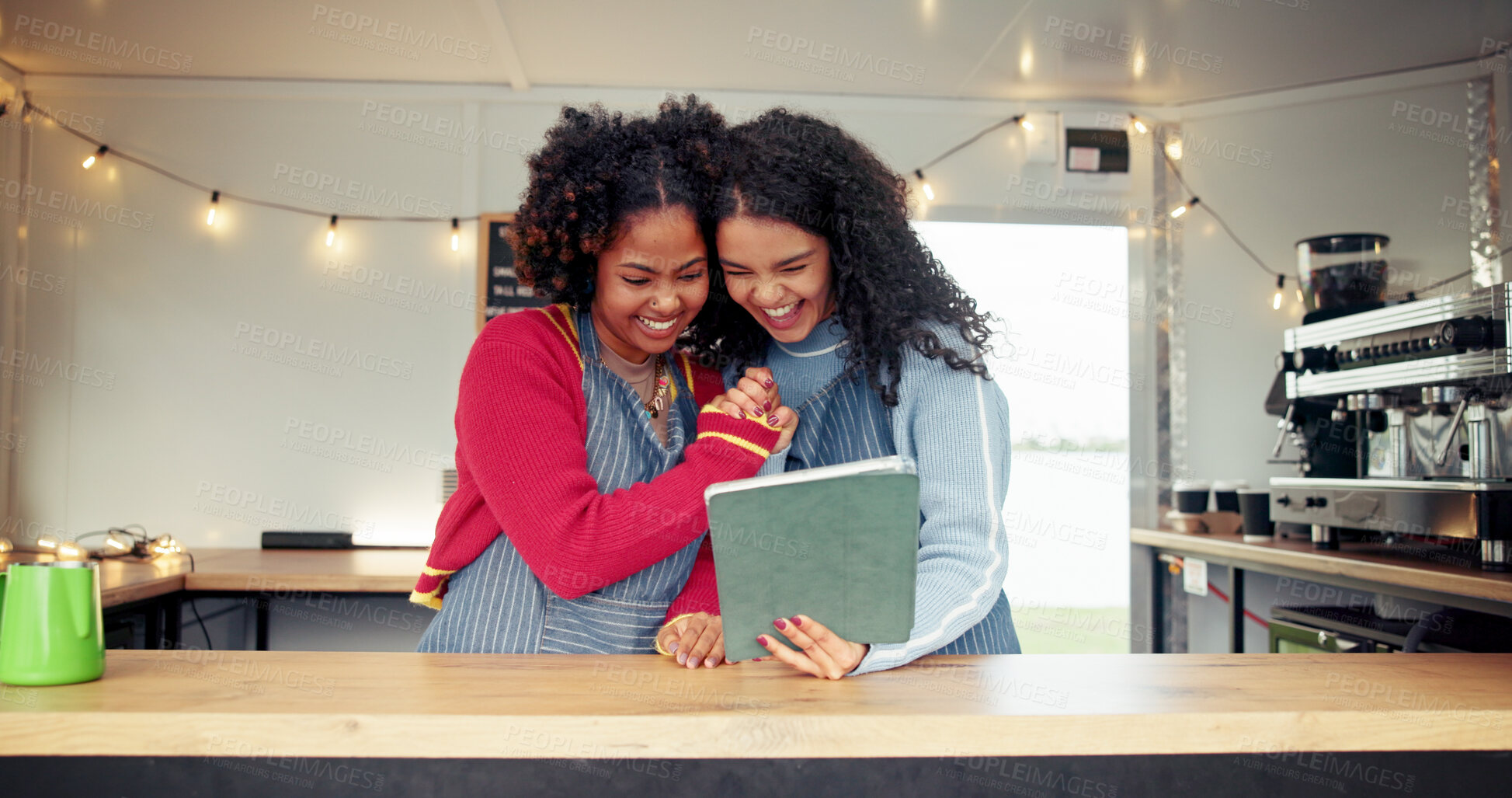 Buy stock photo Tablet, team and women in food truck outdoor for online menu, customer orders and celebrate sales. Restaurant, mobile cafe and happy waitress on digital tech for bistro ratings, website and success