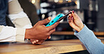 People, hands and credit card with pos machine in cafe for payment, purchase or transaction. Cashier, customer and paying with debit tap or NFC for easy banking, order or shopping in coffee shop