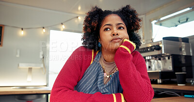 Buy stock photo Thinking, unhappy and waiting with woman in food truck for service or small business startup regret. Fail, mistake and recession with bored entrepreneur in van for inflation crisis or no sales