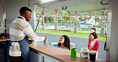 Buy stock photo Credit card, customer and man in food truck for contactless payment with queue for retail sales. Person, smile and vendor with nfc machine for discount, fintech transaction and pos at mobile cafe
