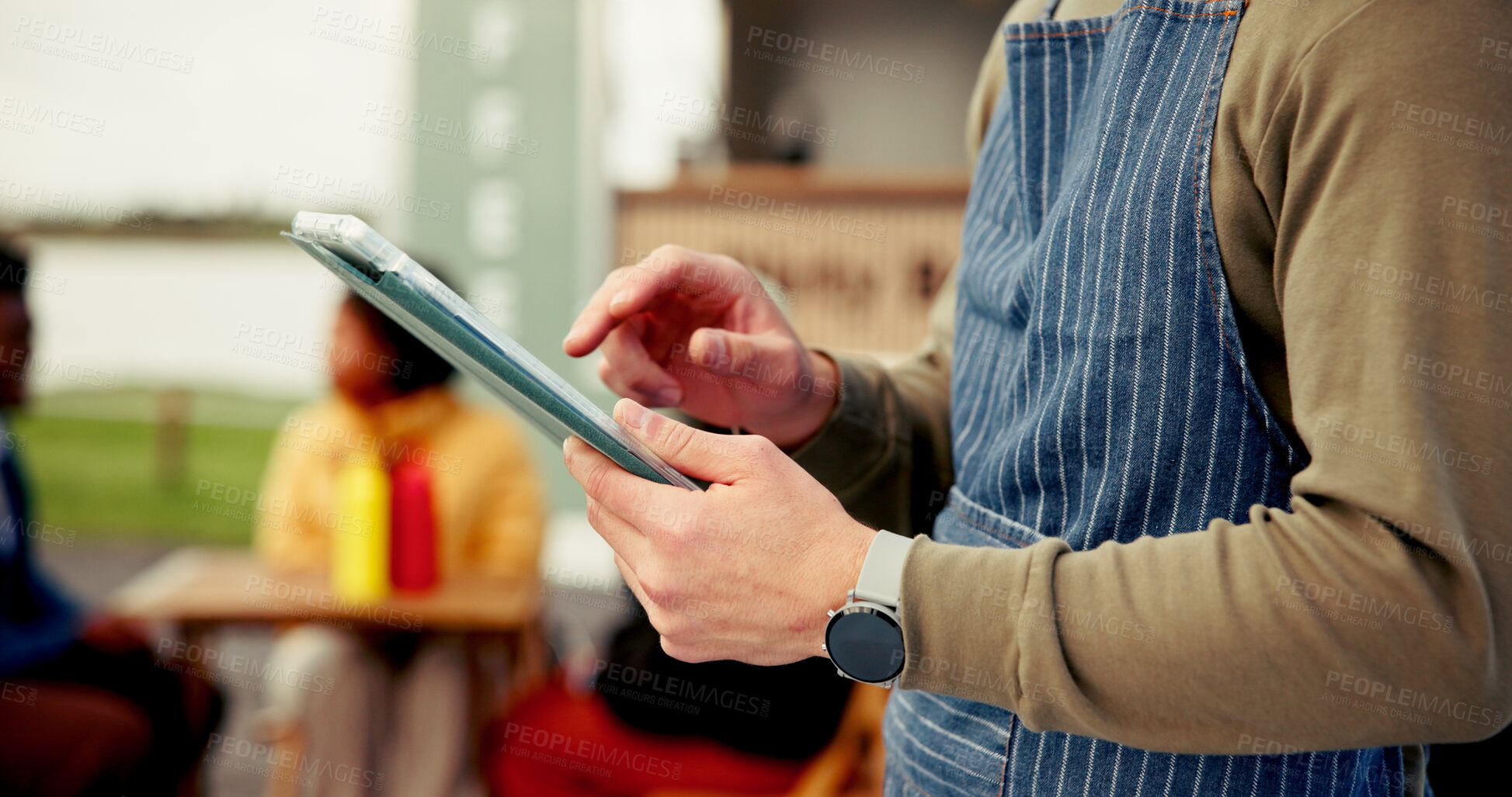 Buy stock photo Tablet, food truck and hands of man outdoor for online menu, customer order and product inventory. Restaurant, mobile cafe and waiter on digital tech for bistro website, internet and price list