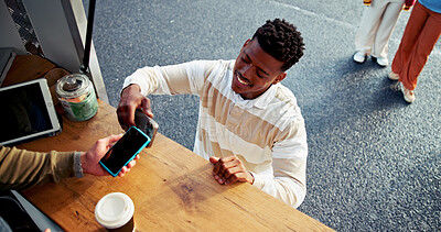 Buy stock photo Food truck, machine and man with phone payment for NFC transaction, POS and easy checkout. Small business, above and cashier with smartphone tap for online banking, discount deal and customer service