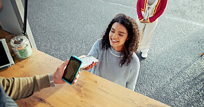 Buy stock photo Food truck, machine and person with phone payment for NFC transaction, POS and easy checkout. Mobile small business, server and woman with digital tap for online banking, contactless sale and above
