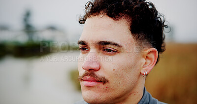 Buy stock photo Serious, thinking and man for vacation outdoor for travel, weekend break and planning adventure. Closeup, male person and reflection for holiday ideas, tourist journey and nostalgia memory of getaway