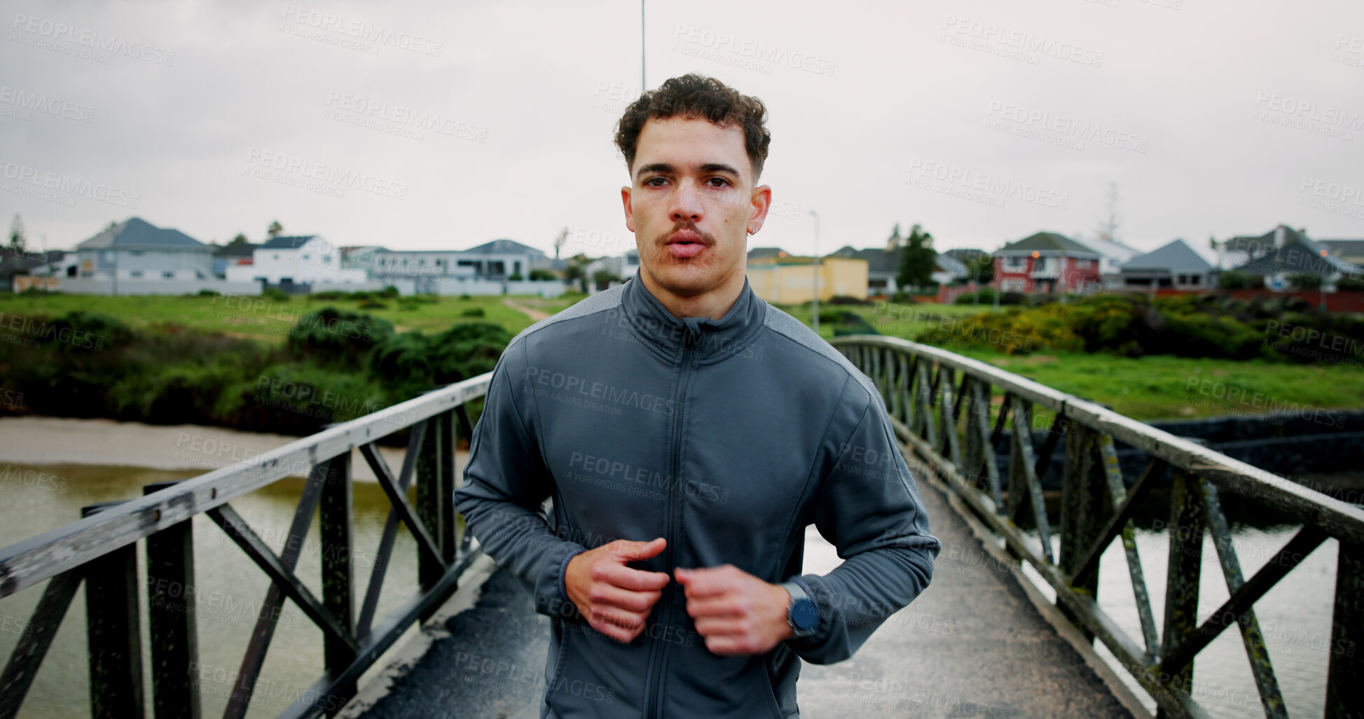 Buy stock photo Running, winter and man on bridge for exercise, marathon training and workout for challenge. Sports, runner and person for wellness, performance and health outdoor for endurance, cardio and fitness