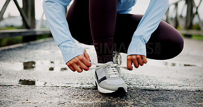 Buy stock photo Hands, fitness and woman tying laces outdoor for running, race or marathon training with sneakers. Sports, shoes and female athlete preparing for cardio, workout or exercise in nature for wellness.